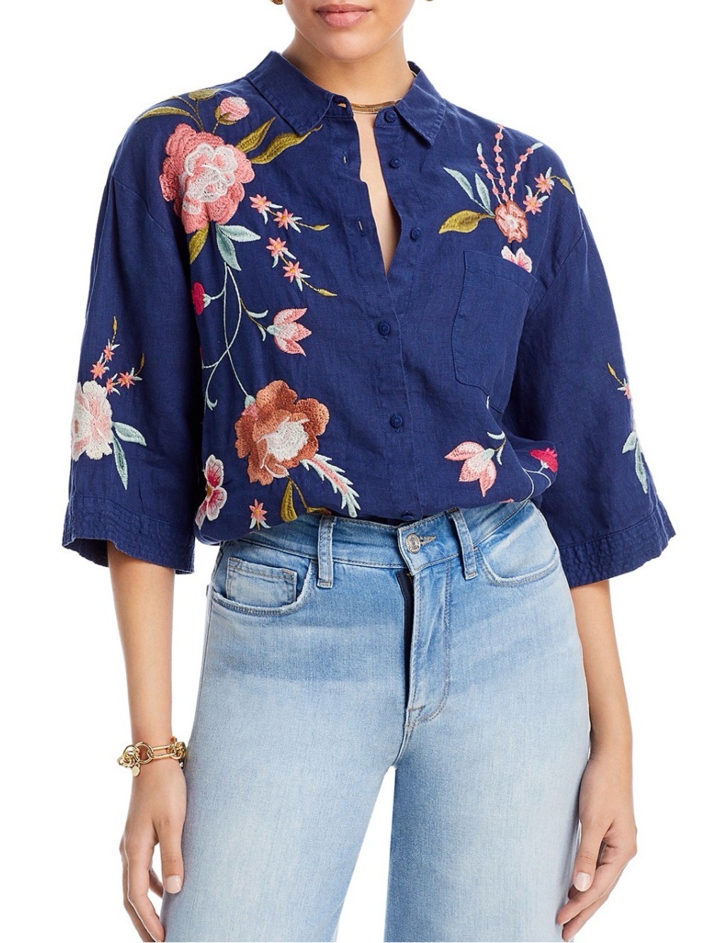 Johnny Was Navy Embroidered Floral Button-Front Blouse Joya Boxy Linen Shirt
